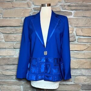Champagne Italy Royal Blue Blazer Jacket Women Size 12 Rhinestone Embellished
